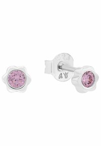 Orecchini a bottoncino a forma di fiore in argento con un prezioso gemma rosa centrale. Il retro è contrassegnato con "925" che indica argento sterling.
