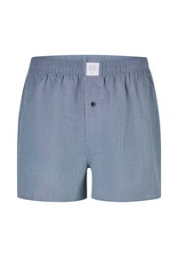 Lichtblauwe katoenen herentailleboxers met elastische tailleband, enkele zwarte knoopssluiting en een klein wit merkembleem in het midden vooraan.