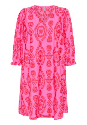 Pink dress featuring a V-neck, long puff sleeves, and a textured embroidery pattern in a contrasting bright red. Above-knee length.