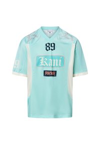 Jasnoniebieski siateczkowy t-shirt z krótkimi rękawami, z czarnymi i białymi akcentami, dużą cyfrą "89" oraz logo marki "Kani" w stylizowanej czcionce.