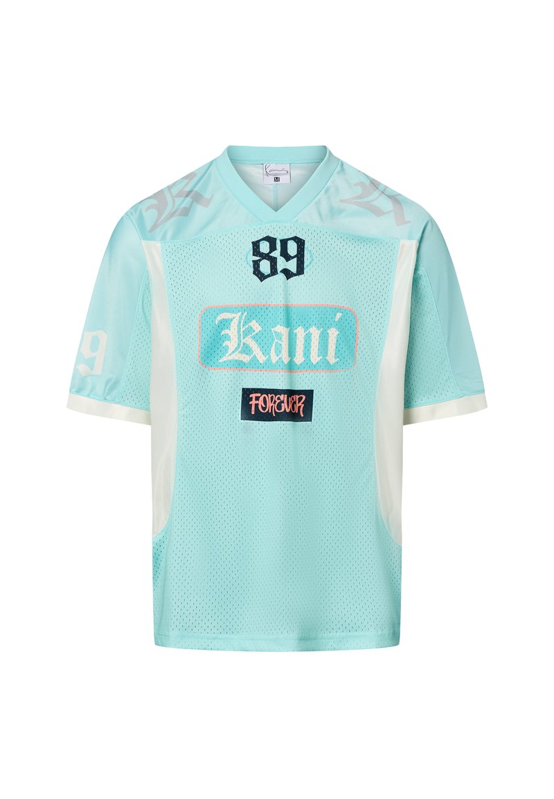 Jasnoniebieski siateczkowy t-shirt z krótkimi rękawami, z czarnymi i białymi akcentami, dużą cyfrą "89" oraz logo marki "Kani" w stylizowanej czcionce.