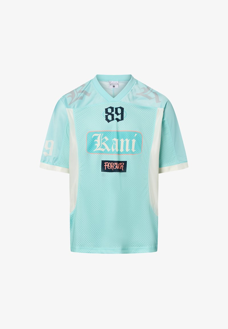 Jasnoniebieski siateczkowy t-shirt z krótkimi rękawami, z czarnymi i białymi akcentami, dużą cyfrą "89" oraz logo marki "Kani" w stylizowanej czcionce.
