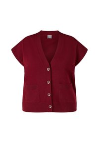 Bordeauxroter Strickcardigan mit V-Ausschnitt, kurzen Ärmeln und zwei Fronttaschen; verfügt über fünf Knöpfe zum Schließen und gerippte Saumdetails.