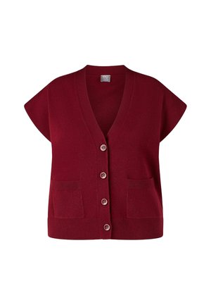 Bordeauxroter Strickcardigan mit V-Ausschnitt, kurzen Ärmeln und zwei Fronttaschen; verfügt über fünf Knöpfe zum Schließen und gerippte Saumdetails.