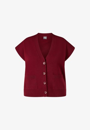 Bordeauxroter Strickcardigan mit V-Ausschnitt, kurzen Ärmeln und zwei Fronttaschen; verfügt über fünf Knöpfe zum Schließen und gerippte Saumdetails.