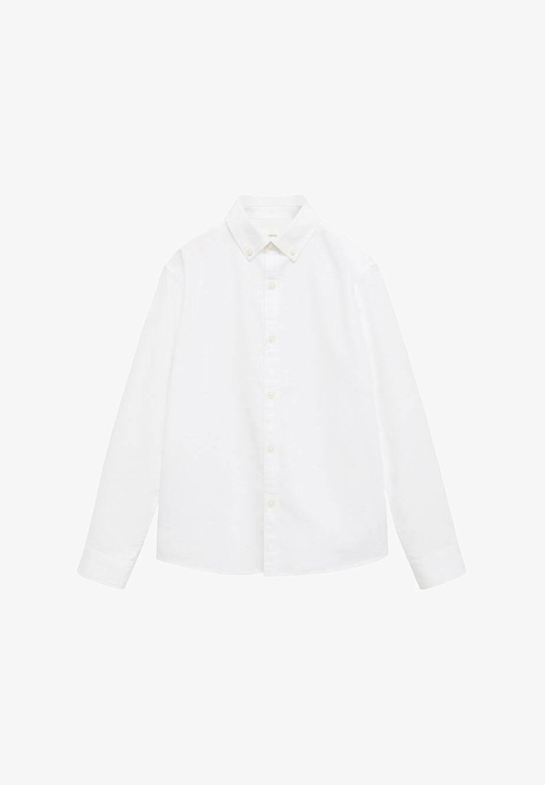 Vit långärmad skjorta i bomull, med knapp-ner krage, framknappning och rak nederkant. Slät textur, klassisk design.