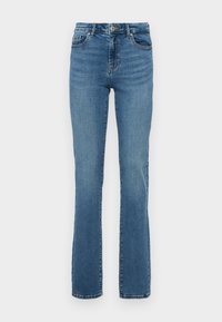 Jean en denim bleu droit, fermeture par bouton et zip, poches avant et arrière, présenté sur un fond uni.