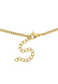 Collana in metallo dorato con catena, dotata di chiusura a moschettone regolabile e anelli con forme circolari, texture liscia e finitura lucente.