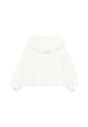 Weiße Bluse mit Rüschenausschnitt, langen Ärmeln mit elastischen Bündchen und strukturiertem Stoff. Das Design ist lässig und fließend.