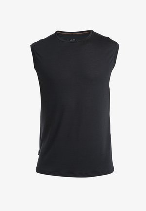 Czarna bezrękawnikowa koszulka z miękkiego materiału, z okrągłym dekoltem i subtelnymi pomarańczowymi szwami wzdłuż dekoltu.