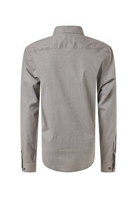 Camicia a maniche lunghe in tessuto stampato con piccoli motivi geometrici in bianco e nero. Polsini con bottoni e colletto classico.