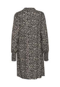 Robe à manches longues en imprimé animal texturé noir et beige, avec des manches froncées et une silhouette décontractée. Vue arrière affichée.