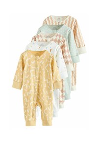 Set med fem babyrumpor: gul med vita abstrakta former, vit med flerfärgade prickar, pastellgrön, ljusrosa med diamantmönster, mintgrön.