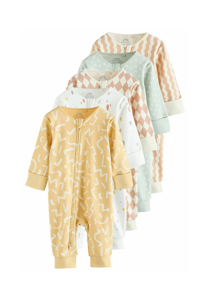 Set med fem babyrumpor: gul med vita abstrakta former, vit med flerfärgade prickar, pastellgrön, ljusrosa med diamantmönster, mintgrön.