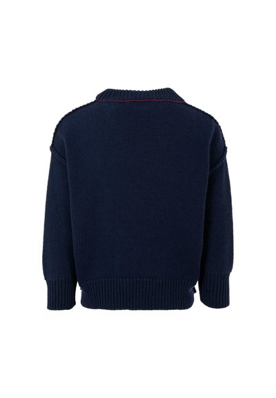 Pull en maille bleu marine avec un col haut, des bords-rib ou d'ourlet. Présente une couture rouge discrète le long du col. Vue arrière présentée.