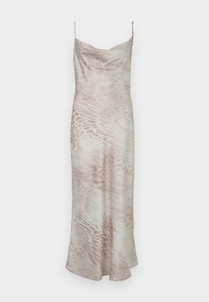 Midi-Kleid aus Satin mit dünnen Trägern, in einem hellbeigen Farbton und einem abstrakten Tiermuster, gestaltet mit einem drapierten Ausschnitt.