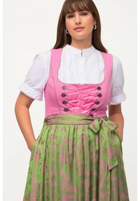 Corpetto dirndl rosa con lacci e accessori in argento, abbinato a una gonna verde con motivo floreale e cintura annodata. Camicetta bianca sotto.