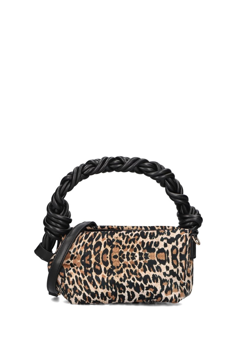Leopard-patterned fabric handbag with a braided black leather handle and side trim. Compact rectangular shape, zip closure, detailed textures.