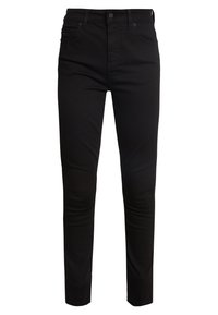 Jeans negros de corte slim, hechos de material de mezclilla, con cierre de botón, cinco bolsillos y decoraciones mínimas.