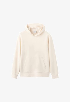 Hvidt cremefarvet hættetrøje med front-kængurulomme og lange ærmer, vist mod en hvid baggrund.