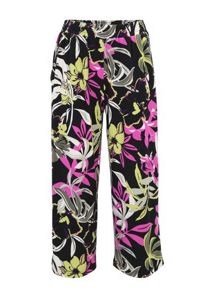 Spodnie w kwiatowy wzór na czarnym tle, z dużymi różowymi, zielonymi i białymi kwiatami. Elastyczna talia i luźny krój.