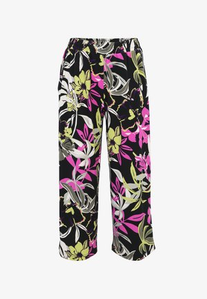 Bloemenprintbroek met een zwarte achtergrond, voorzien van grote roze, groene en witte bloemen. Elastische tailleband en een losse pasvorm.