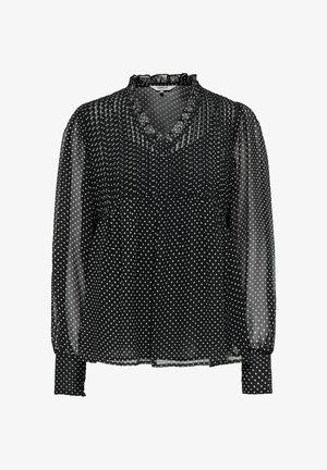 Mustast läbipaistvast kangast pikkade varrukatega pluus valgete täppidega, volangilise V-kaeluse ja kogutud mansettidega.