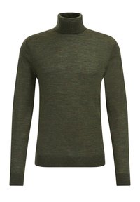 Olivno zelena pulover s turtleneck ovratnikom, izdelan iz mehkega pletenega materiala, z dolgimi rokavi ter rebrastimi manšetami in robom za prilega izgled.