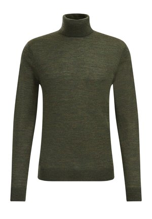 Olive green turtleneck sweater made of soft knit fabric, featuring long sleeves and ribbed cuffs and hem for a fitted look.