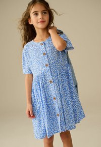 Blauwe jurk met bloemenprint, korte mouwen, knoopsluiting aan de voorkant, geraffineerde rok en gestructureerde stof. Gecombineerd met een denimjack.