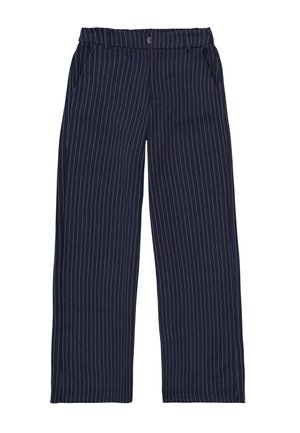 Pantalon bleu marine avec fines rayures verticales blanches, passants de ceinture, poches avant et fermeture à bouton à la taille.