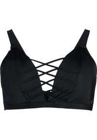 Zwarte bh met een driehoekig cupontwerp en een latticebanddetail in het midden, verstelbare schouderbanden en een gladde textuur.