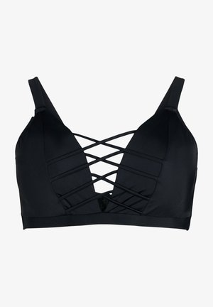 Reggiseno nero con design a coppa triangolare, dettagli a rete al centro, spalline regolabili e una texture liscia.