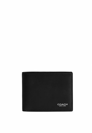Cartera de cuero negro bifold con costuras visibles y pequeño logo blanco "Coach New York" en la esquina inferior derecha.
