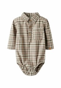 Hnědý kostkovaný bodysuit s dlouhým rukávem z měkké látky má límcový výstřih, tři dřevěné knoflíky, náprsní kapsu a snap zapínání na spodní části.