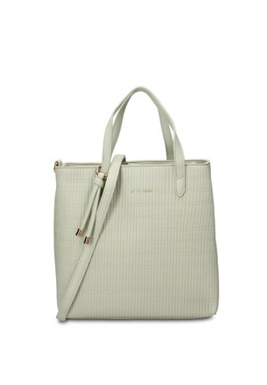 Hellgrüne strukturierte Handtasche mit zwei oberen Griffen, einem verstellbaren Schulterriemen und goldfarbenen Metallakzenten.