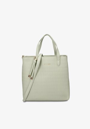 Sac à main vert clair texturé avec deux poignées supérieures, une bandoulière réglable et des garnitures métalliques dorées.