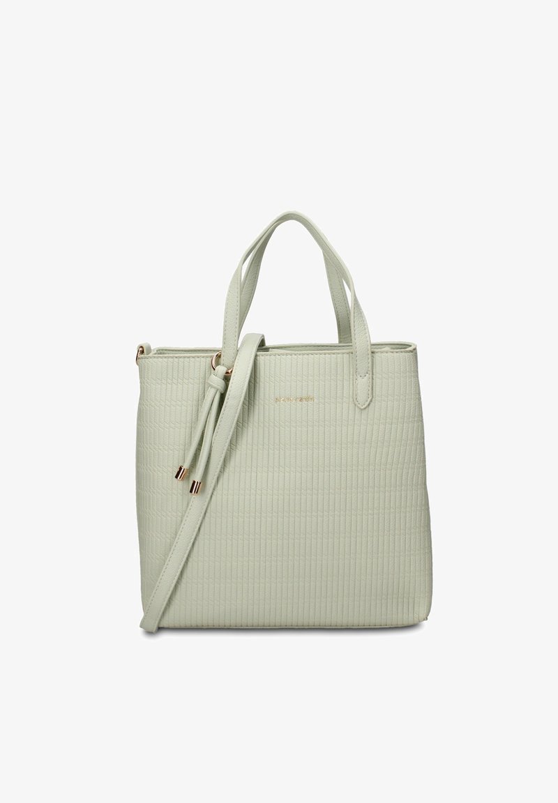 Sac à main vert clair texturé avec deux poignées supérieures, une bandoulière réglable et des garnitures métalliques dorées.