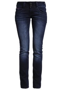 Donkerblauwe denim jeans met een slim fit, voorzien van twee voorzakken, een sluiting met twee knopen en lichte vervaging op de dijen.
