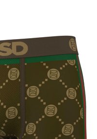Geometrikus mintázattal és logóval ellátott zöld és barna anyagú férfi boxer alsónemű. Vastag derékpánt és kontrasztos piros részletek.