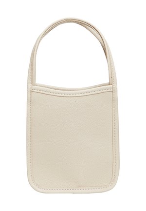 Beige læder tote taske med to rundede håndtag, en tekstureret overflade og pæne syninger; har en rektangulær form uden synligt hårdvarer.