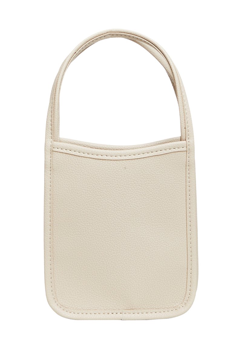 Borsa tote in pelle beige con due manici arrotondati, superficie testurizzata e cuciture ordinate; presenta una forma rettangolare senza hardware visibile.