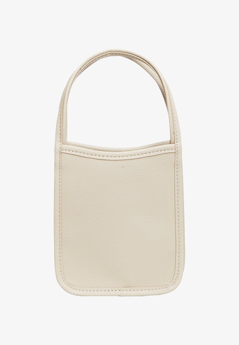 Borsa tote in pelle beige con due manici arrotondati, superficie testurizzata e cuciture ordinate; presenta una forma rettangolare senza hardware visibile.