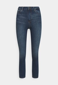 Smal jeans lavet af mørkeblå denim med en glat tekstur, der har en talje i mellemhøjde, lukning med knap foran og diskret falmen.