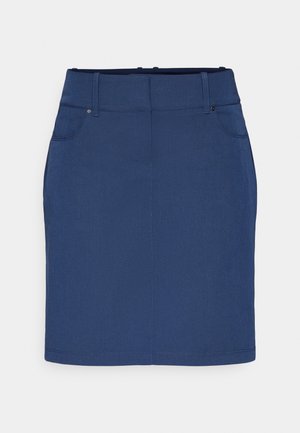 Jupe en denim bleu avec une coupe droite, dotée d'une taille plate, de poches avant et d'une texture lisse. Sans motifs ni ornements visibles.