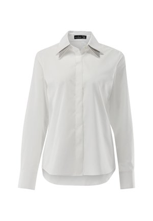 Weißes Langarmhemd mit glatter Textur. Verfügt über einen klassischen Kragen mit grauen Akzenten und eine durchgehende Knopfleiste, leicht abgerundeter Saum.