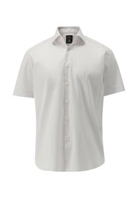 Kurzarmhemd in hellgrau mit einem dezenten Karomuster, Button-Down-Kragen und Frontknopfverschluss. Leichtes Baumwollmischmaterial.