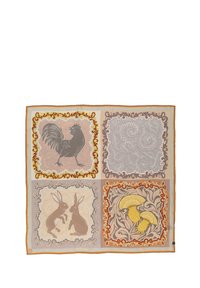 Square scarf in light fabric featuring four detailed illustrations: a rooster, two rabbits, and mushrooms, framed with ornate patterns and colors.