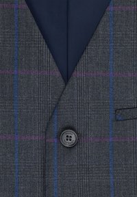 Szary marynarka w kratę wykonana z teksturowanej tkaniny z niebieskimi i fioletowymi liniami, granatowym klapą i czarnym guzikiem z czterema otworami.