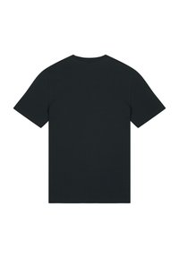 Zwarte T-shirt met korte mouwen en een ronde hals, van een stevige stof. De achterkant is eenvoudig zonder ontwerpen of afbeeldingen.